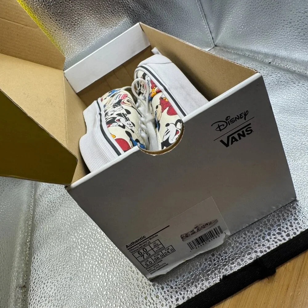 Size M6/W7.5 Vans x‎ Disney Authentic Mickeys Birthday Unisex White Sneakers